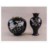 Japanese Black Lacquer Shell Inlay Jar & Vase