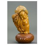 Chinese Brown Jade Carved Happy Buddha Sculpture