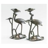 Japanese 18/19C Bronze Crane Candles 2pc