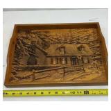 Vintage Wooden Tray Etched Cabin in Woods W