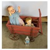Rustic Wooden Wagon on Metal Wheels with 2 Dolls