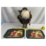 Woodsy Porcelain Head Santa, 2 Coca Cola Trays