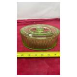 Ribbed Green Depression Glass w Lid has chip