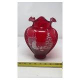 Fenton Cranberry Red Hand Painted Vase Christmas