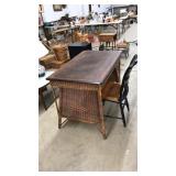 WOOD AND RATTAN DESK WITH PAINTED CHAIR