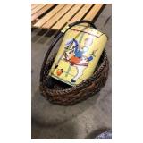 HAND PAINTED TIN TRASH CAN AND BASKET