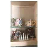 8 ASST CABINET ARTICLES, TEA POTS, PITCHER, ETC