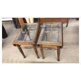 PAIR OF DROP LEAF OAK GLASS TOP SIDE TABLES