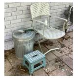 Iron Folding Chair, Trash Can, Stool & Spade