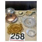 Carnival plate, amber glass bread dish, Metlox