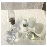 Small hurricane lamps, glass bear and whale &