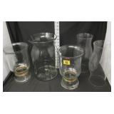 (3) Clear Glass Vases & (2) Hurricane Shades