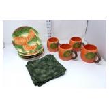 (4) Pumpkin Dessert Plates, Mugs & Napkins