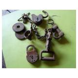 2 vintage locks, latch, keys, etc