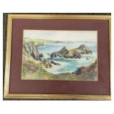 Framed signed watercolor - ocean landscape -