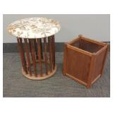 Vintage wood wastebasket & carved wood stool 16"T