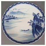 Signed Asian blue & white charger 14" Mount Fuji