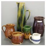 6 asst. stoneware & pottery pitchers - 17" tallest