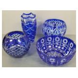 4 Lg. pcs. cobalt overlay cut glass incl. 9 1/2"