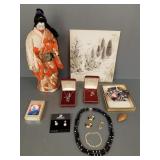 Gp. jewelry & a 14 1/2" Japanese doll, etc-