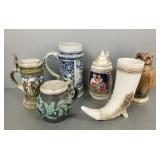 6 German steins including owl