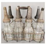 8 glass oil bottles in carrier: Marquette, etc