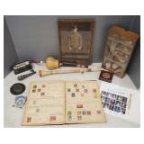 Group incl stamp album, shadow box w/ shards,