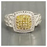 Yellow diamonds & sterling silver ring marked JS: