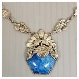 Vintage silver tone floral link necklace w/