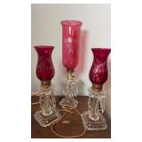 (3) RUBY GLASS ETCHED LAMPS W/ PRISMS