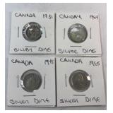 (4) 1931-1965 CANADIAN SILVER DIMES