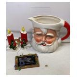 VINTAGE SANTA PITCHER & CANDLES IN BASKET