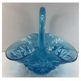 BLUE GLASS BASKET W/ APPLIED HANDLED