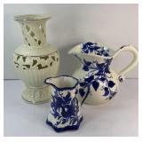 (2) BLUE & WHITE PITCHERS & DECORATIVE VASE