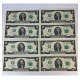 (8) CONSECUTIVE SERIAL 2 DOLLAR BILL 2017