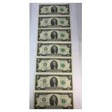 (7) UNCIRCULATED CONSECUTIVE SERIAL 2 DOLLAR BILL