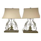 Pair MCM Metal Scroll & Bird Table Lamps