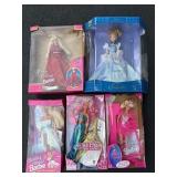 Five Barbie dolls and others