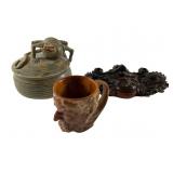 3 Piece Set Lizard Porcelain Bowl+Mug+Carving