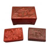 3 Cinnabar Style Carved Lacquered Asian Boxes