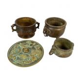 Chinese Bronze Censer Pots & Mirror