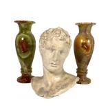 Pair Alabaster Vases & Greco/Roman Bust