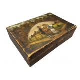 Early Wooden Box W/ Carved Hand-Painted Folk Scene