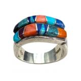 Signed Lapis, Coral, Opal + 925 Ring