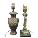 Bronze & Cloisonné Vase Lamp with Green Metal Lamp