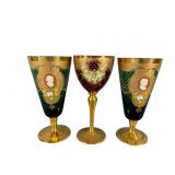 Moser-Style Green & Ruby Glasses with Gold Decorat