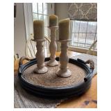 Large Woven Tray & Ceramic Candle Stands