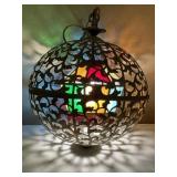 Vtg. Brass & Stained Glass Moroccan Globe Light