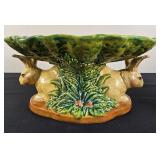 Majolica Pottery Double Rabbit Pedestal Bowl