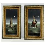 Antique Reverse Painting Light House, Sail Boat